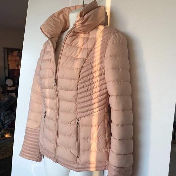 GUESS stretch water/windproof blush pink puffer moto contrasting vegan leather M - Picture 9 of 16